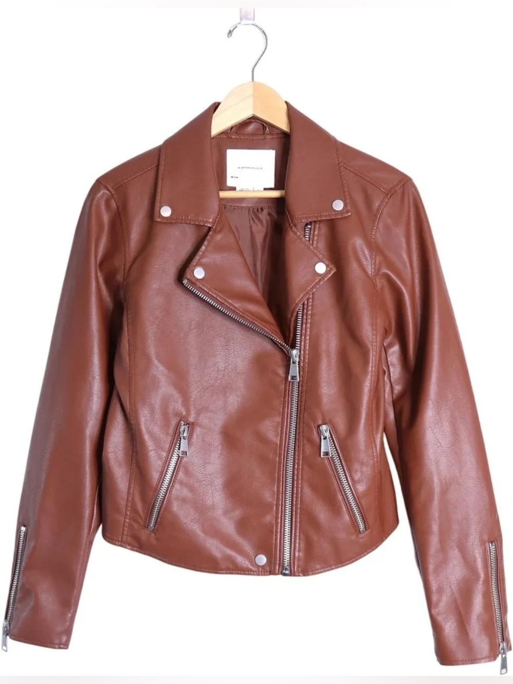 By Anthropologie Rich Cognac Brown Faux Leather Moto Jacket - Plus Size 2X - Picture 2 of 12